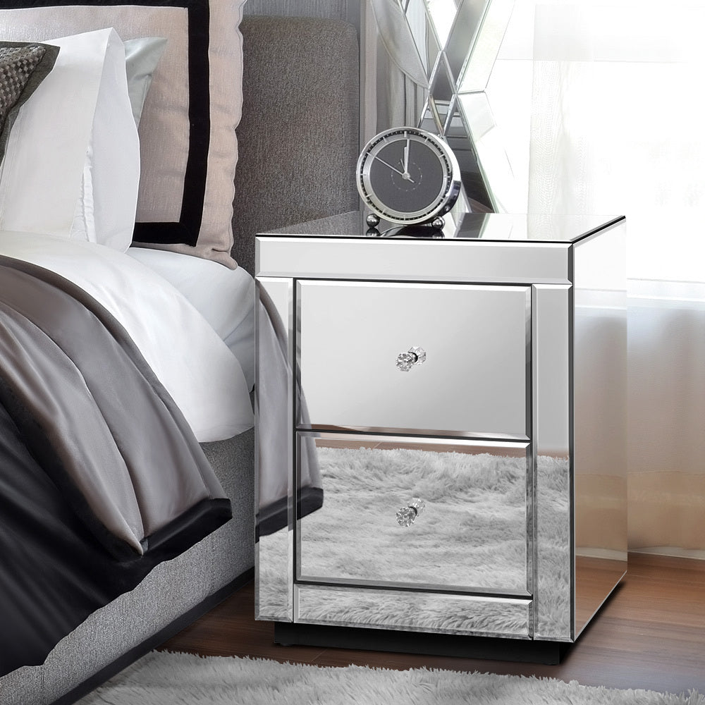ALFORDSON Bedside Table - Freya 2 Drawers Luxury Mirrored Glass Nightstand (Silver)