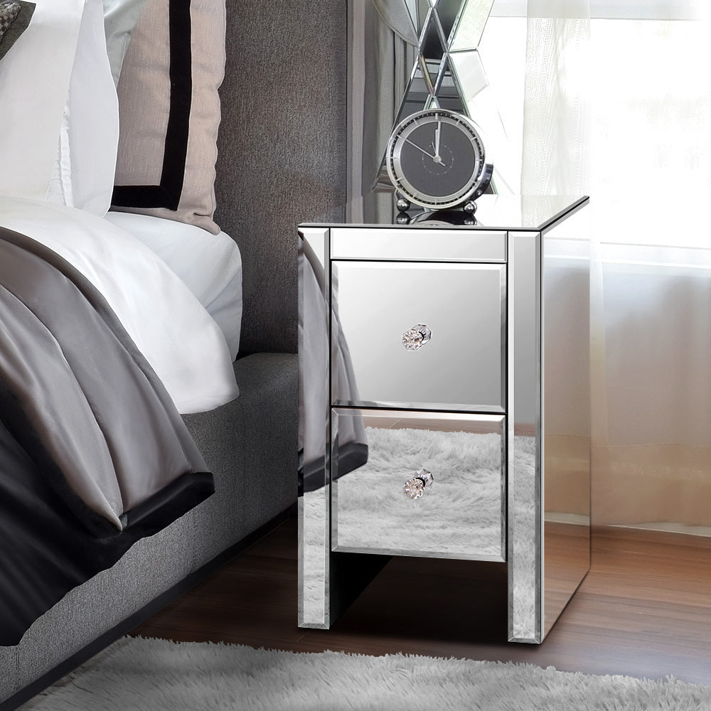 ALFORDSON Bedside Table - Ainsley 2 Drawers Luxury Mirrored Glass Nightstand (Silver)