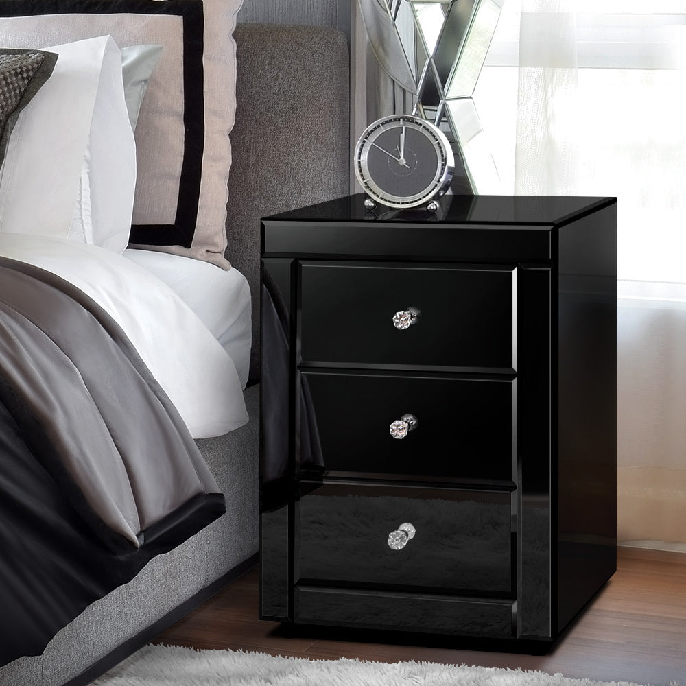 ALFORDSON Bedside Table - Freya 3 Drawers Luxury Mirrored Glass Nightstand (Black)