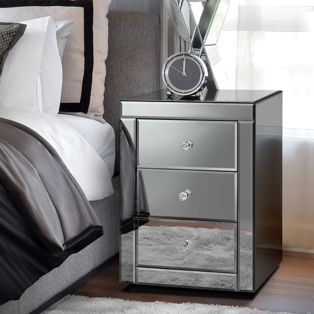 ALFORDSON Bedside Table - Freya 3 Drawers Luxury Mirrored Glass Nightstand (Grey)