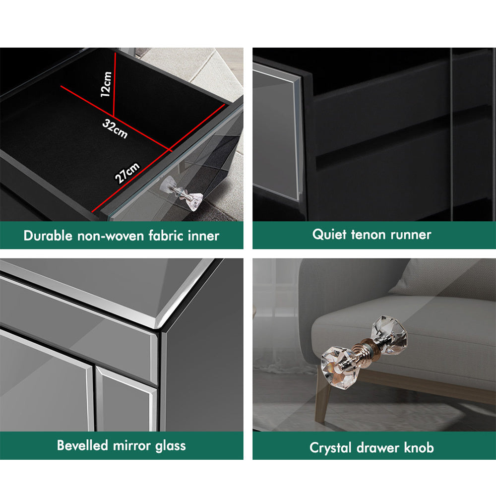ALFORDSON Bedside Table - Freya 3 Drawers Luxury Mirrored Glass Nightstand (Grey)