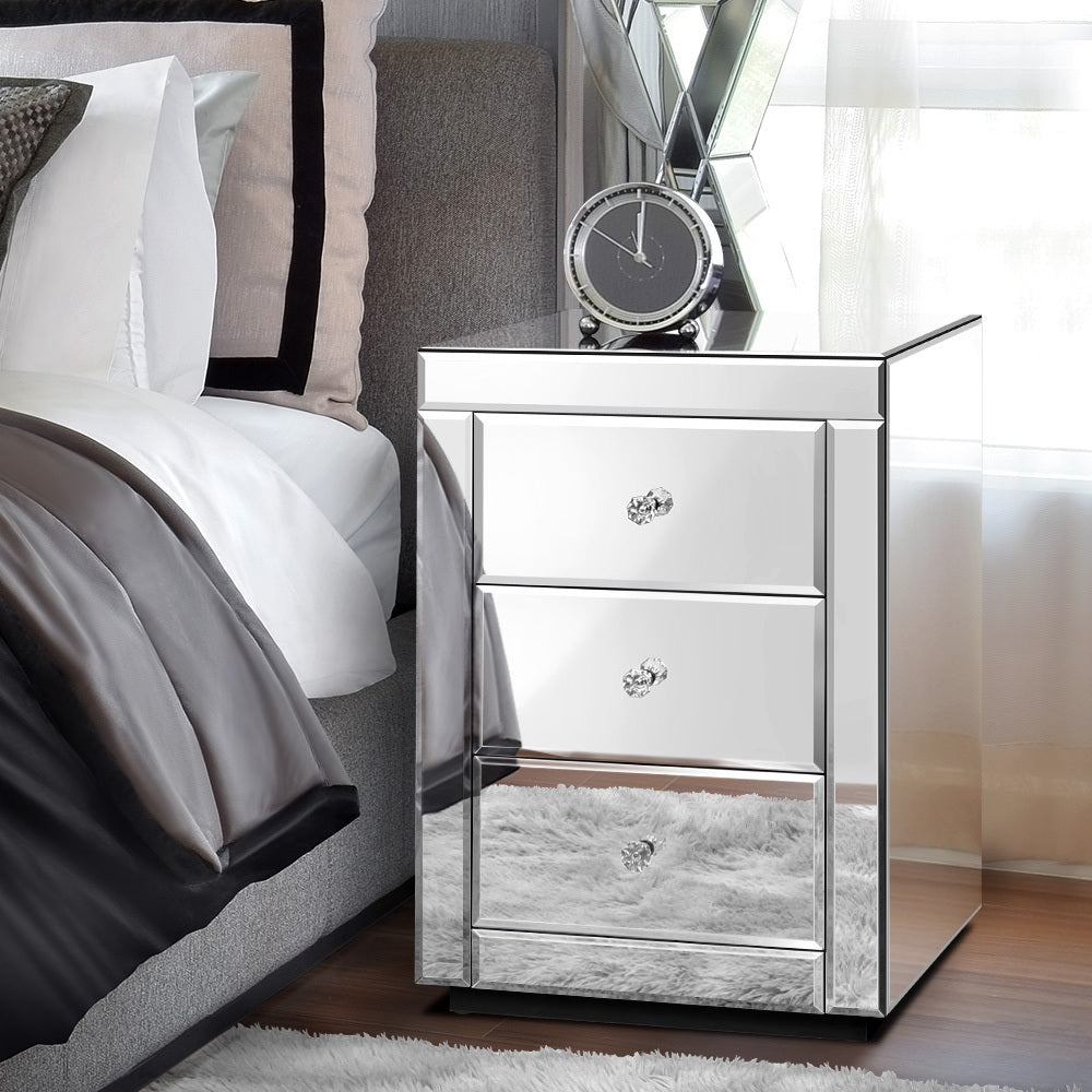 ALFORDSON Bedside Table - Freya 3 Drawers Luxury Mirrored Glass Nightstand (Silver)