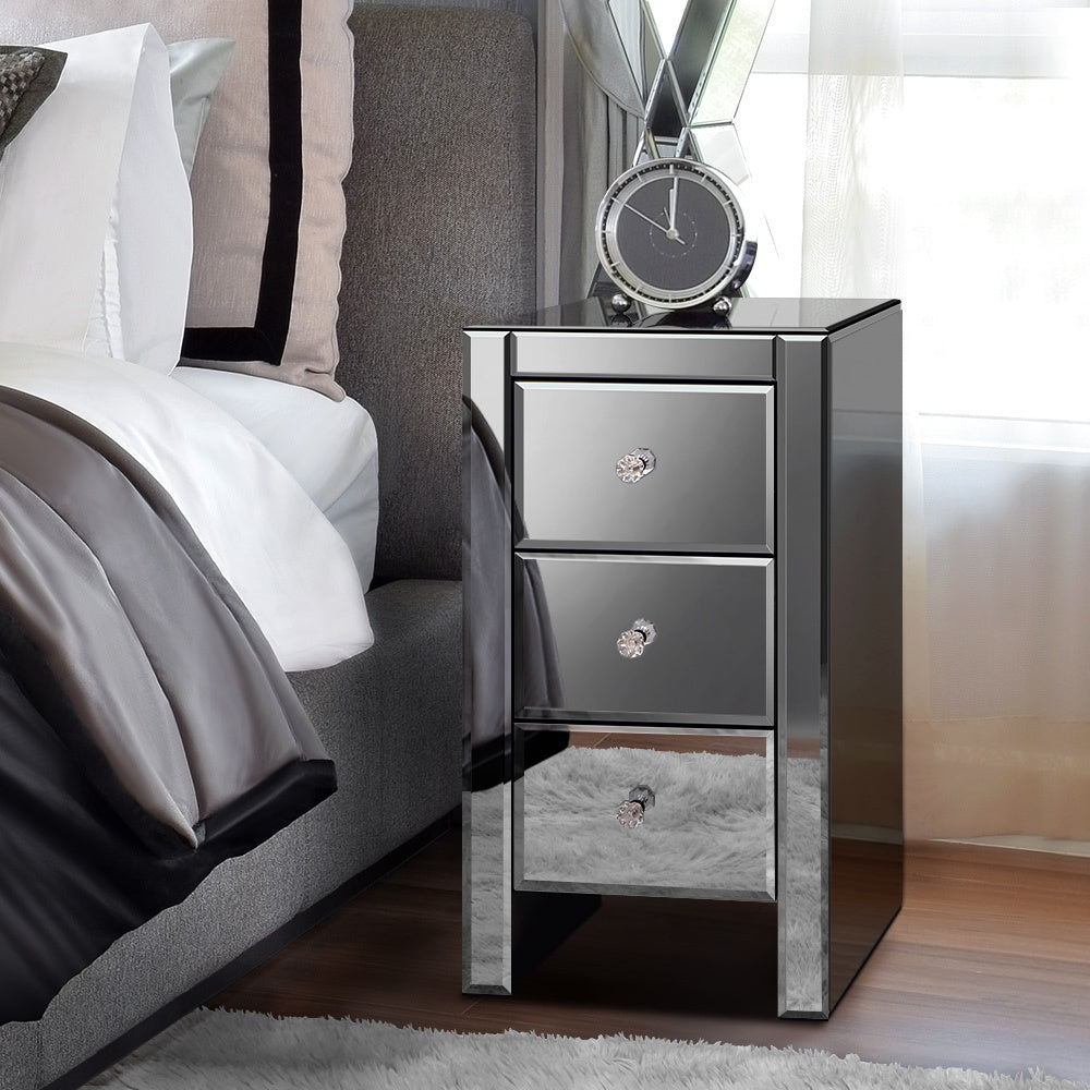 ALFORDSON Bedside Table - Ainsley 3 Drawers Luxury Mirrored Glass Nightstand (Grey)