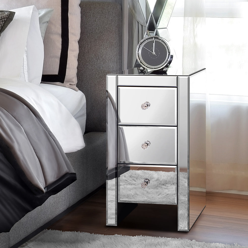 ALFORDSON Bedside Table - Ainsley 3 Drawers Luxury Mirrored Glass Nightstand (Silver)