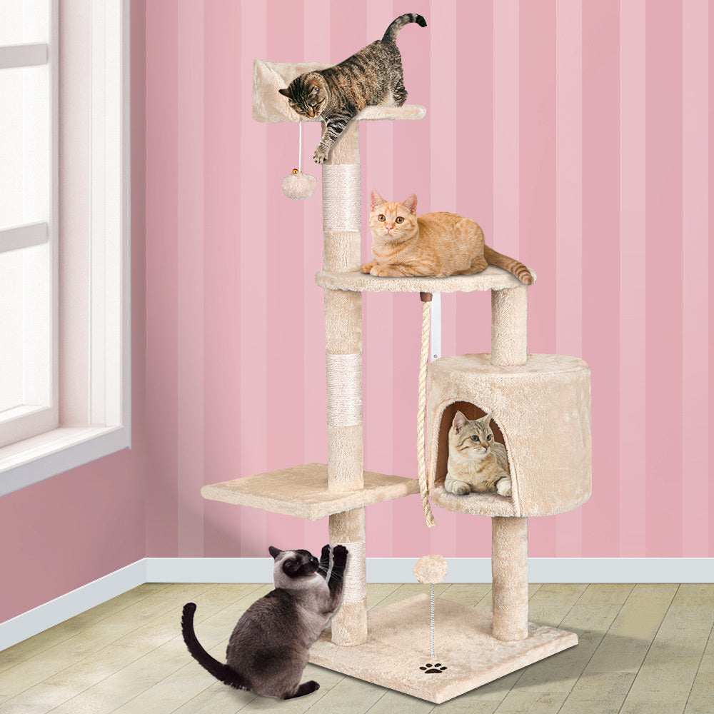 BEASTIE Cat Tree with Plush Toy Ball &amp; Bell Scratching Post Beige 112cm