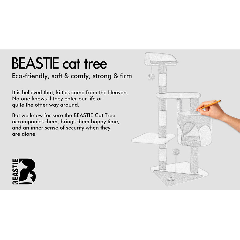BEASTIE Cat Tree with Plush Toy Ball &amp; Bell Scratching Post Grey &amp; White 112cm