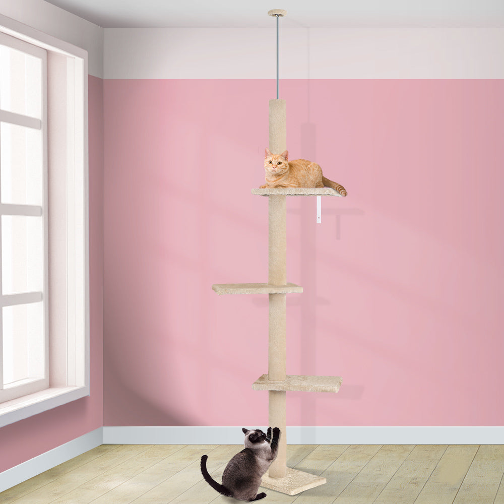 BEASTIE Cat Tree Floor to Ceiling Scratching Post Beige 230-286cm