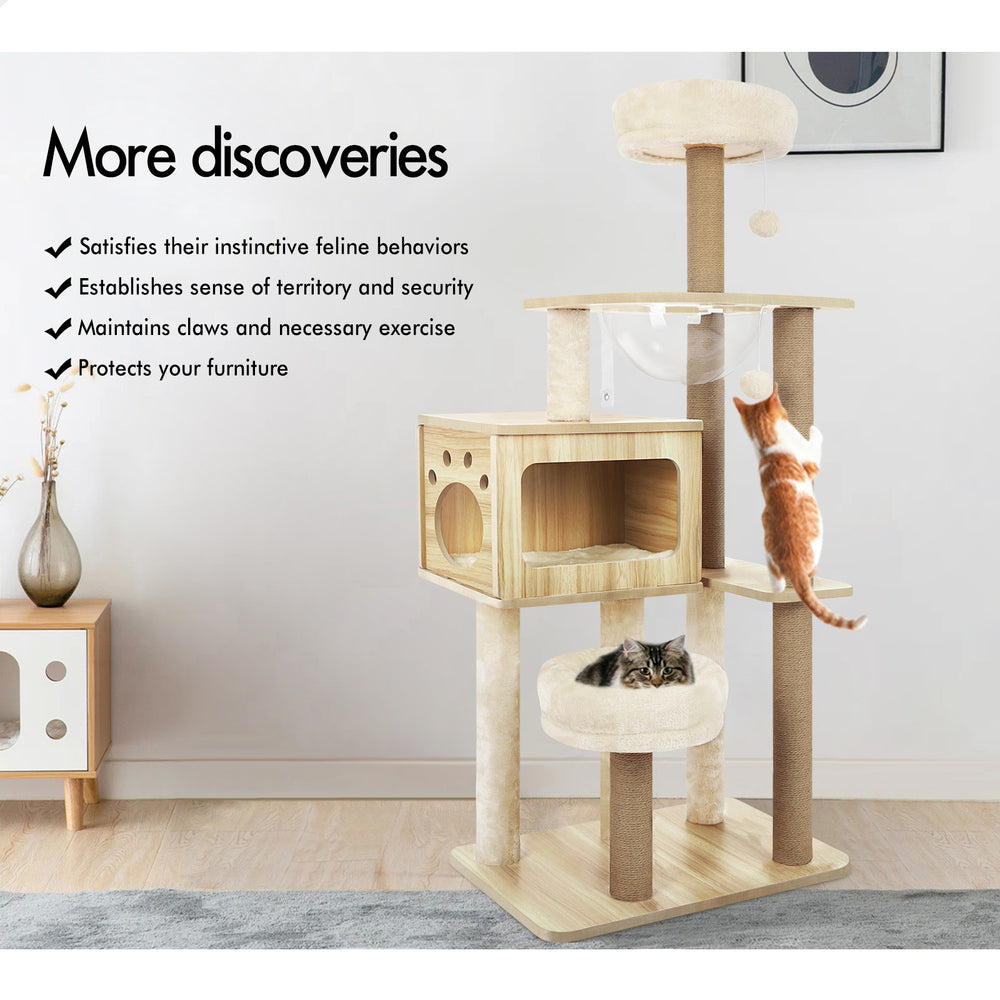 BEASTIE Cat Tree Tower Scratching Post Scratcher Wood Condo House Bed 144cm