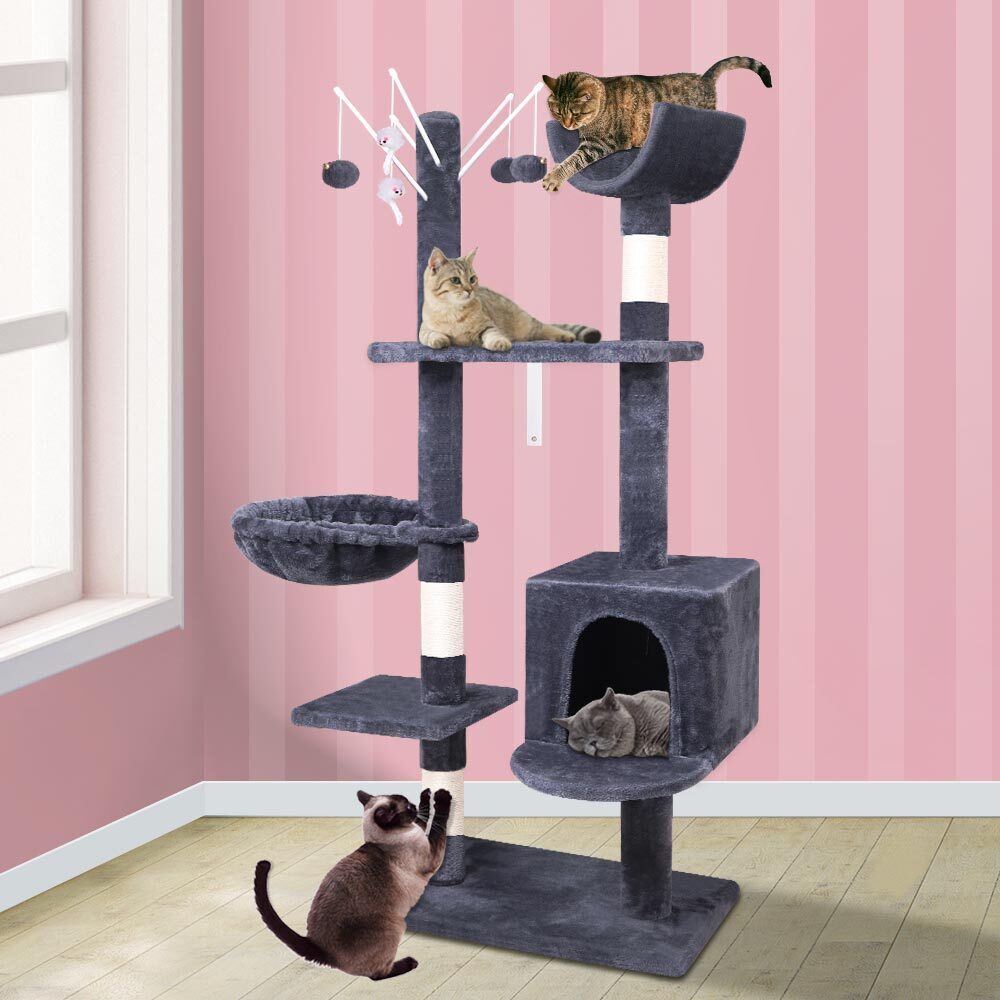 BEASTIE Cat Tree with Plush Toy Ball &amp; Bell Scratching Post Grey 145cm