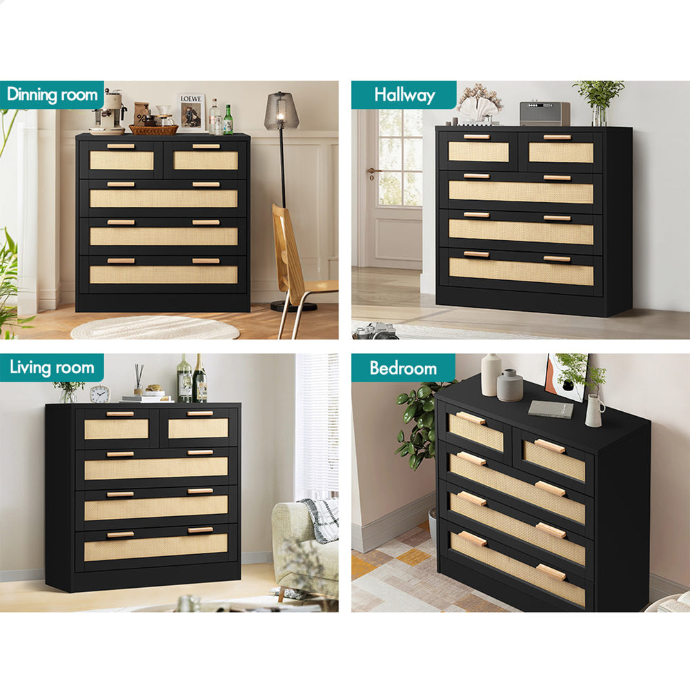 ALFORDSON 5 Chest of Drawers Storage Cabinet Rattan Dresser Tallboy Black