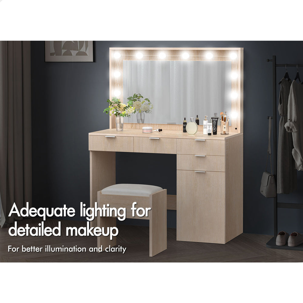 ALFORDSON Dressing Table Stool Set Makeup Mirror Desk 12 LED Bulbs Wood