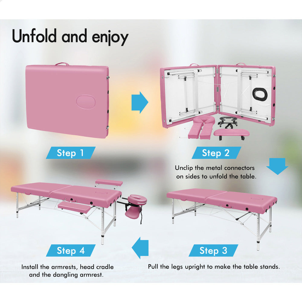 ALFORDSON Massage Table Portable &amp; Foldable 2 Fold 75cm (Pink)