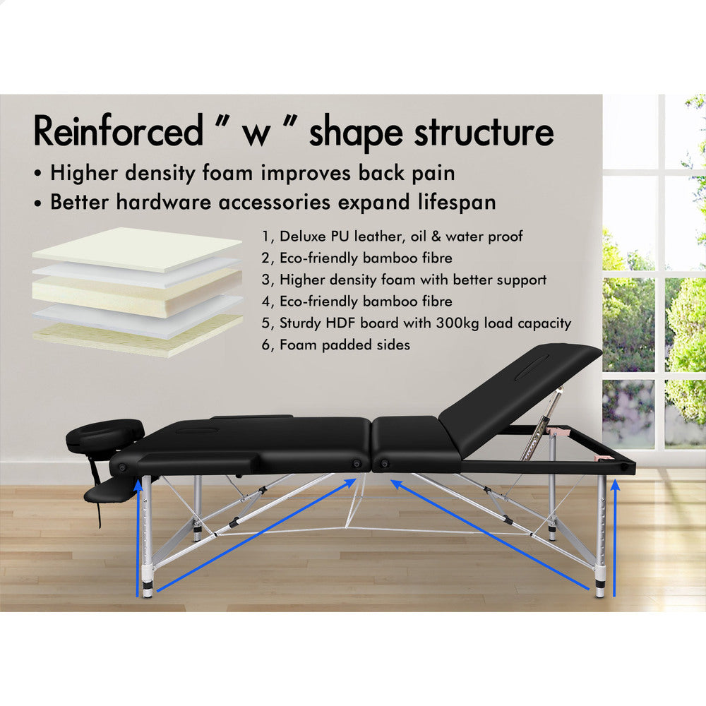 ALFORDSON Massage Table Portable 3 Fold Lift up 65cm (Black)