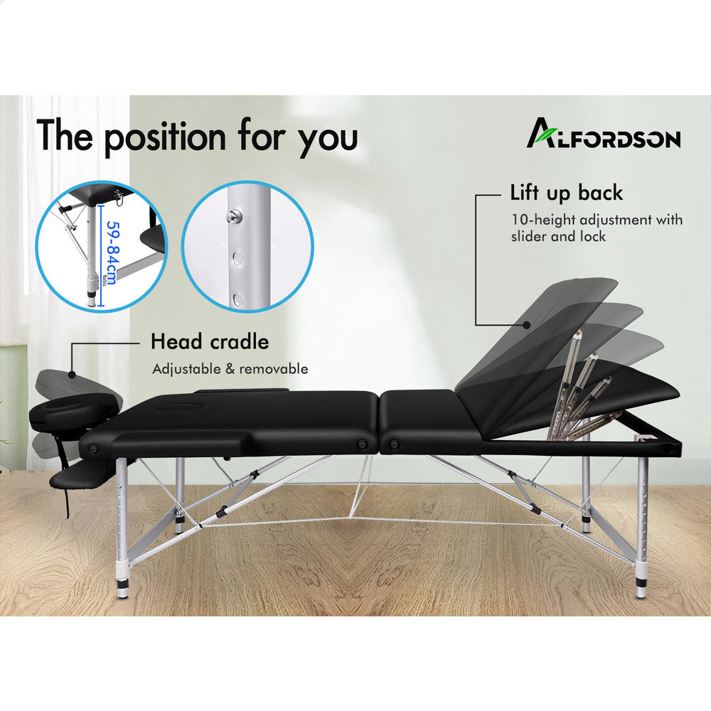 ALFORDSON Massage Table Portable 3 Fold Lift up 65cm (Black)