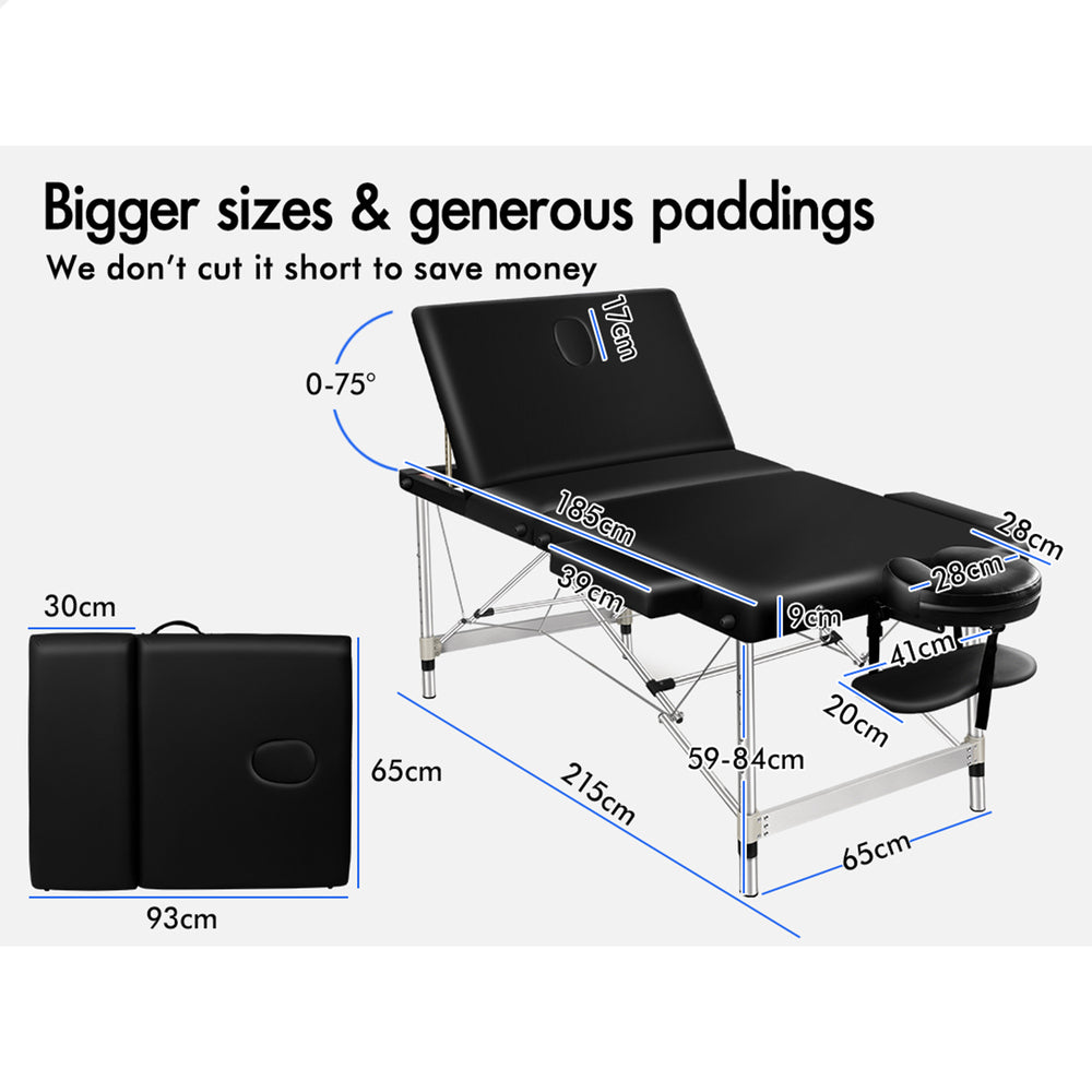 ALFORDSON Massage Table Portable 3 Fold Lift up 65cm (Black)