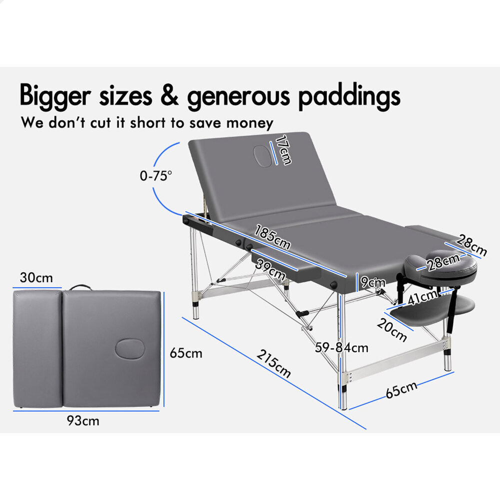 ALFORDSON Massage Table Portable 3 Fold Lift up 65cm (Grey)