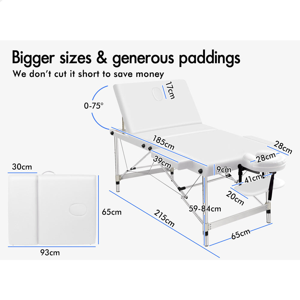 ALFORDSON Massage Table Portable 3 Fold Lift up 65cm (White)