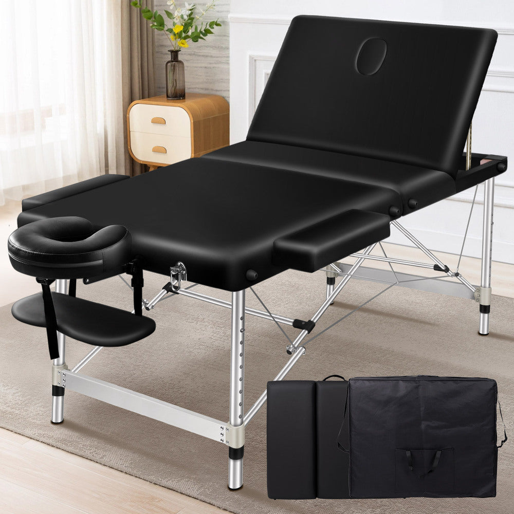 ALFORDSON Massage Table Portable 3 Fold Lift up 75cm (Black)