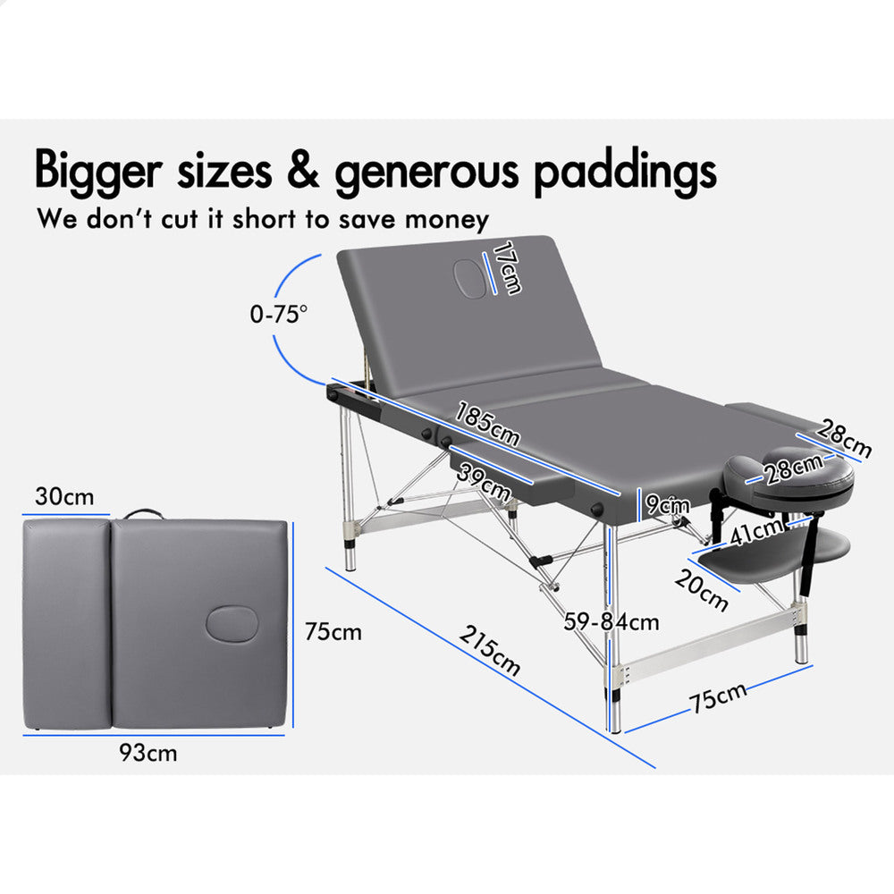 ALFORDSON Massage Table Portable 3 Fold Lift up 75cm (Grey)