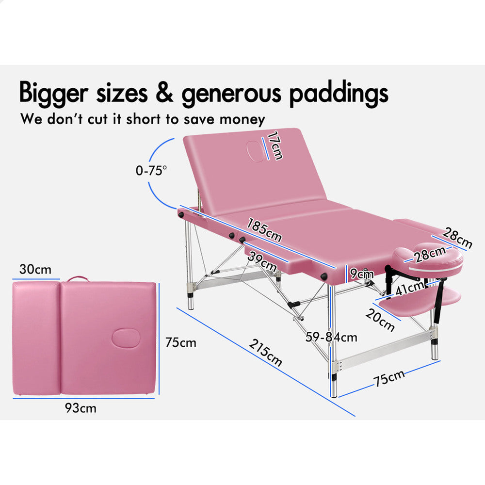 ALFORDSON Massage Table Portable 3 Fold Lift up 75cm (Pink)