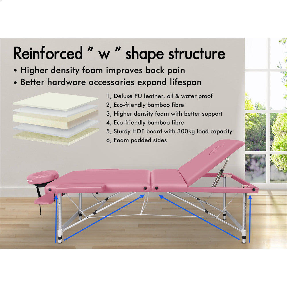 ALFORDSON Massage Table Portable 3 Fold Lift up 75cm (Pink)