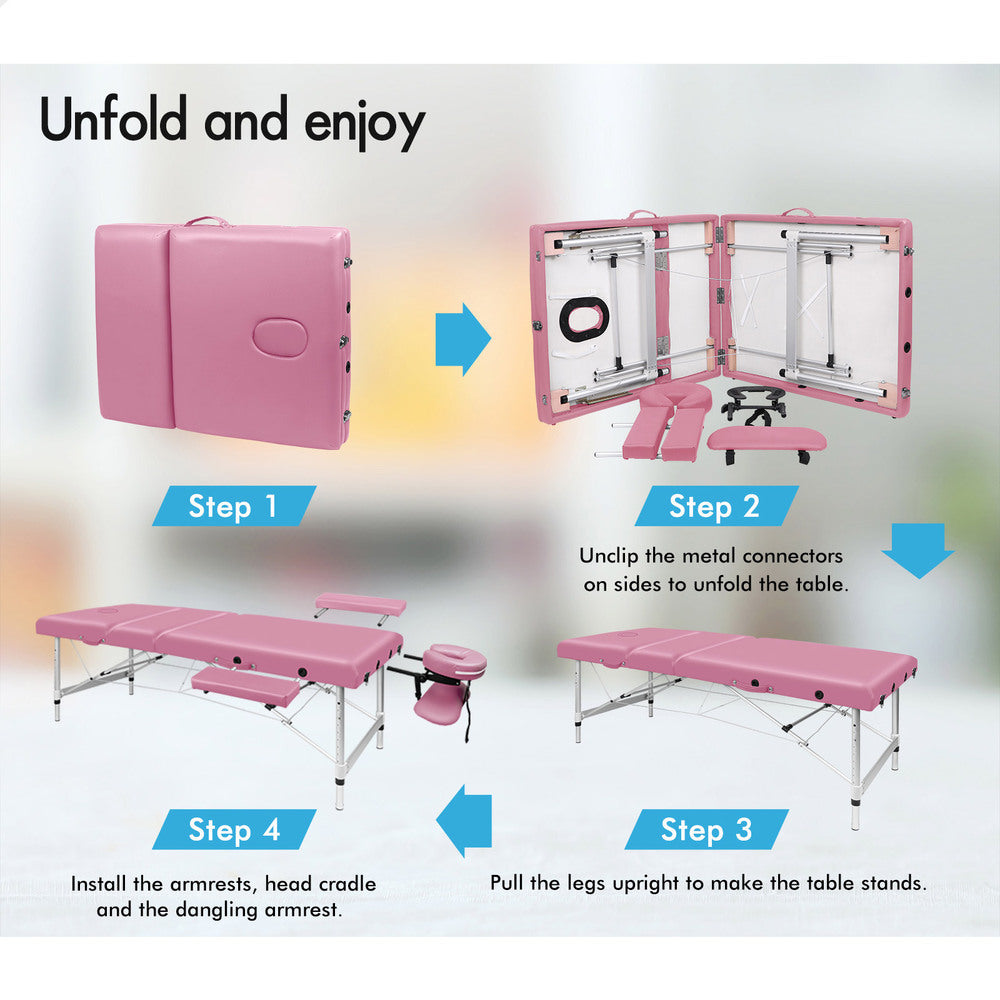 ALFORDSON Massage Table Portable 3 Fold Lift up 75cm (Pink)