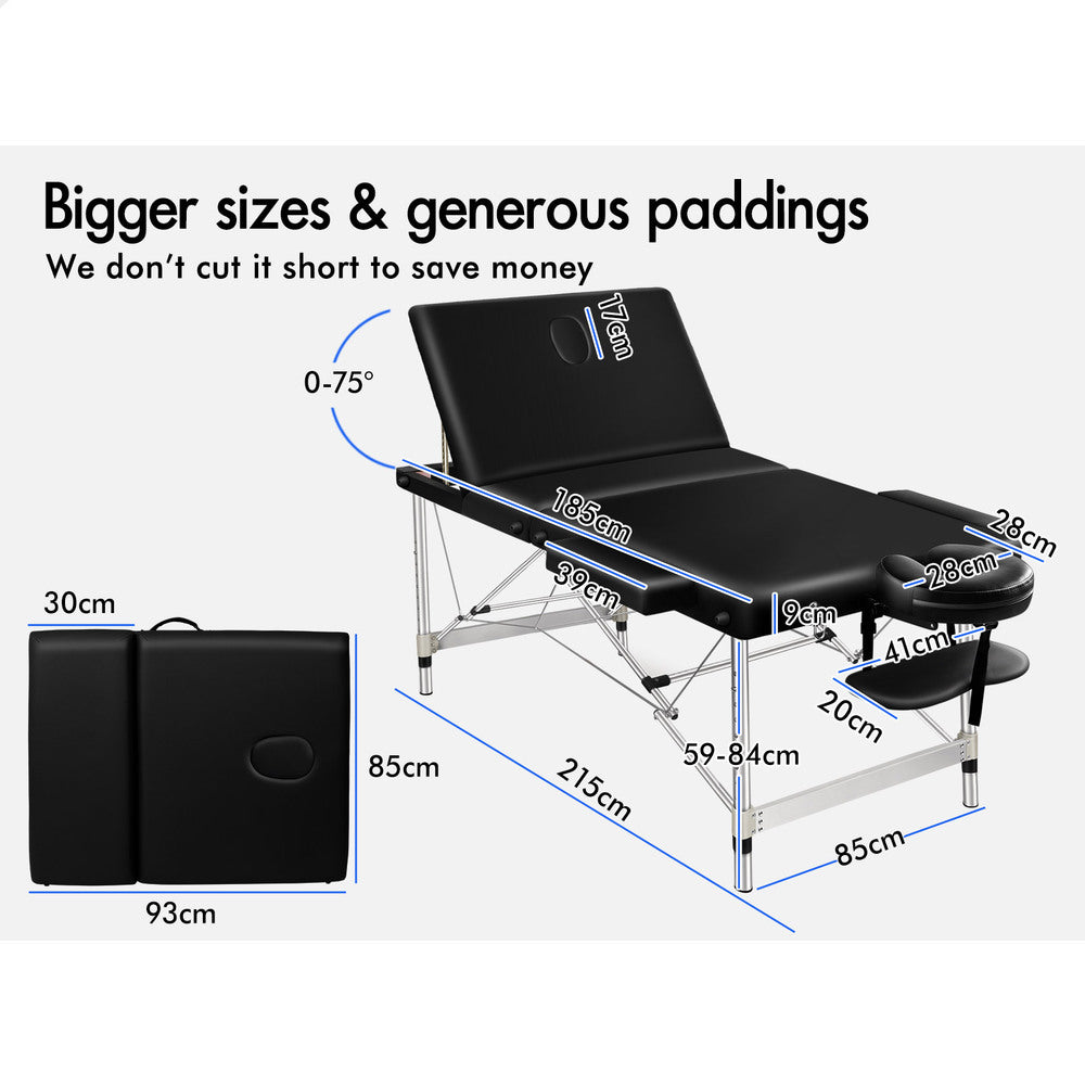 ALFORDSON Massage Table Portable 3 Fold Lift up 85cm (Black)