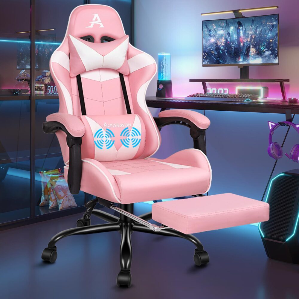 ALFORDSON Gaming Office Chair Lumbar Massage Pink &amp; White