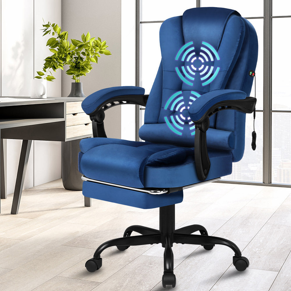ALFORDSON 2-Point Massage Office Chair Footrest Velvet Blue