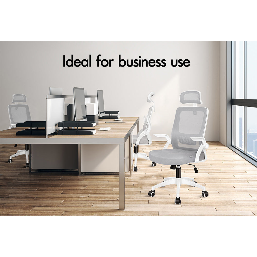 ALFORDSON Mesh Office Chair with Flip-up Arms White &amp; Grey