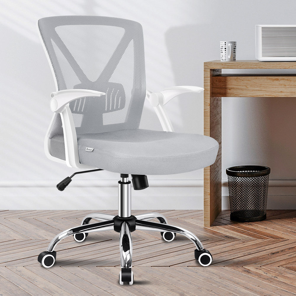 ALFORDSON Mesh Office Chair Flip-up Armrests White &amp; Grey