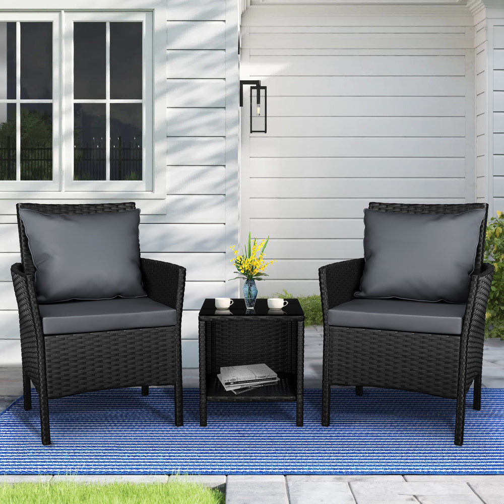 ALFORDSON Outdoor Furniture 3PCS Wicker Bistro Set Patio Chairs Table Black