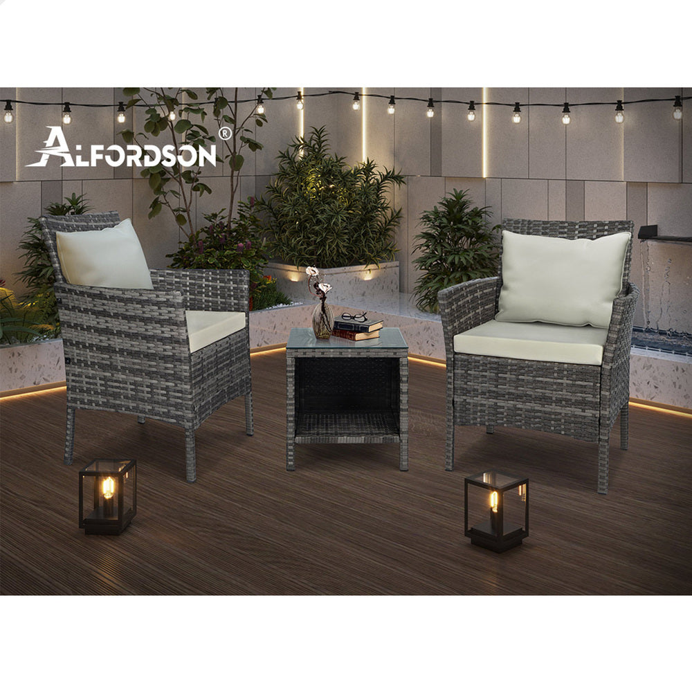 ALFORDSON Outdoor Furniture 3PCS Wicker Bistro Set Patio Chairs Table Grey