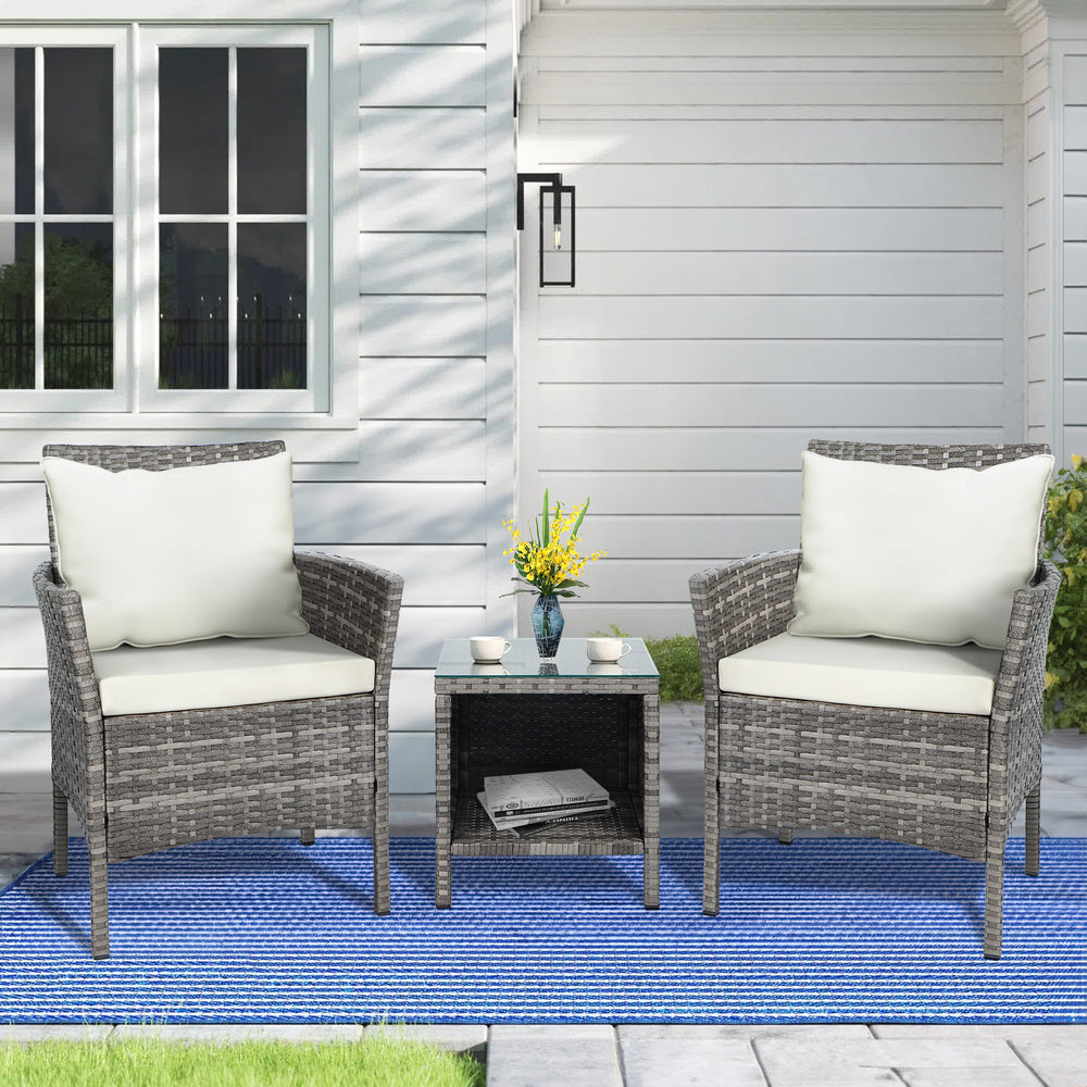 ALFORDSON Outdoor Furniture 3PCS Wicker Bistro Set Patio Chairs Table Grey