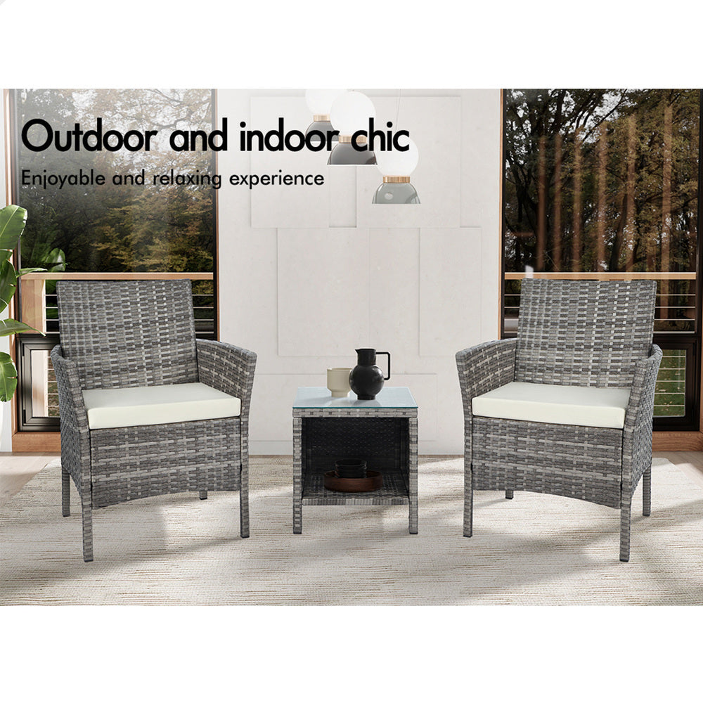 ALFORDSON Outdoor Furniture 3PCS Wicker Bistro Set Patio Chairs Table Grey