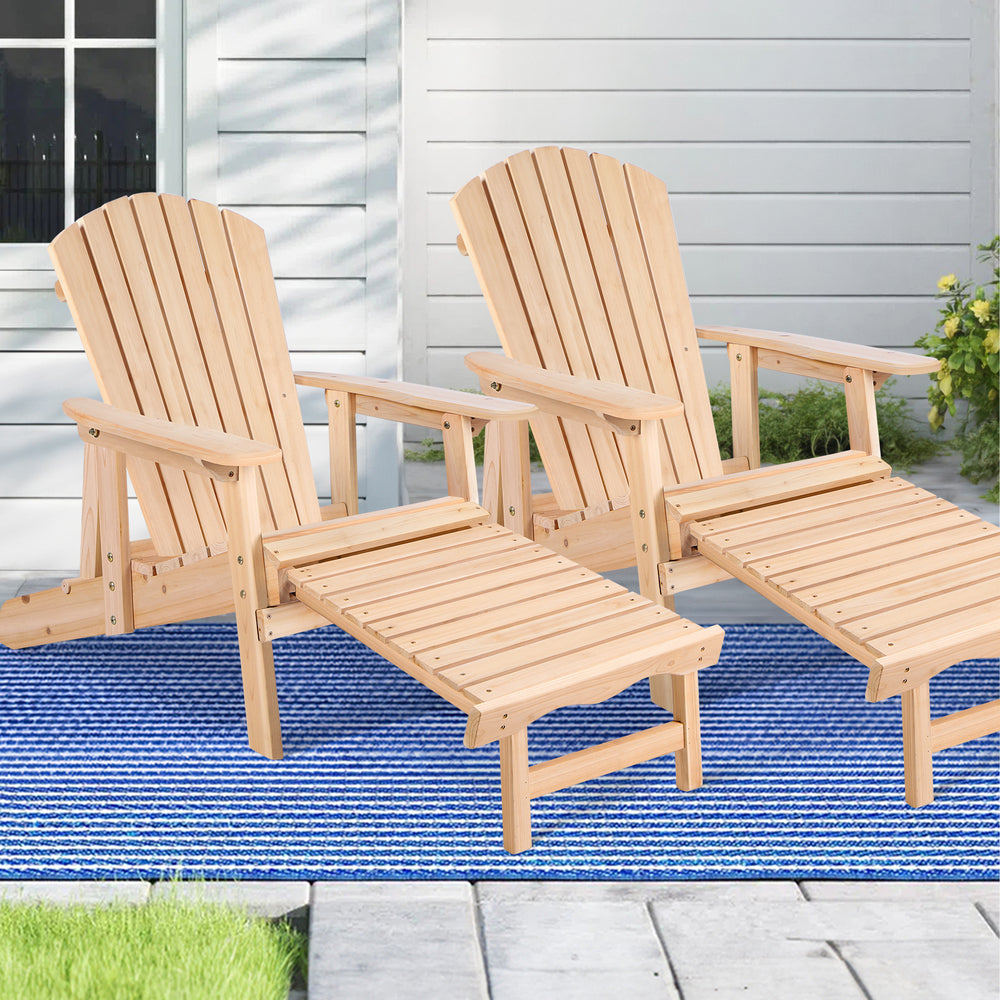 ALFORDSON 2 Outdoor Chairs Wooden Adirondack w/ Ottoman Patio Beach Garden Natural