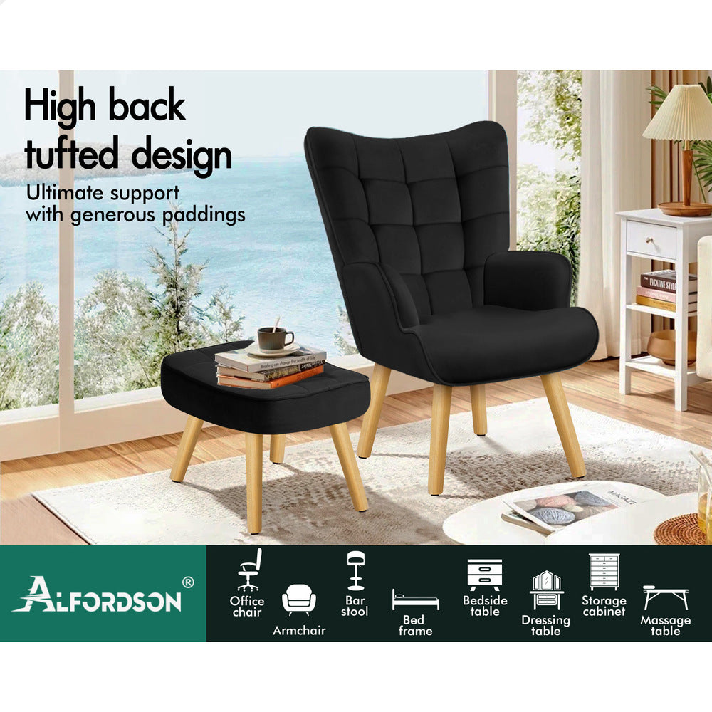 ALFORDSON Wooden Armchair Velvet Accent Chair Lounge Sofa Ottoman Couch Seat