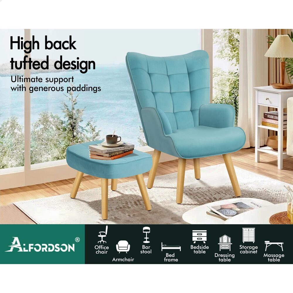 ALFORDSON Wooden Armchair Lounge Accent Chair Ottoman Velvet Couch Footstool