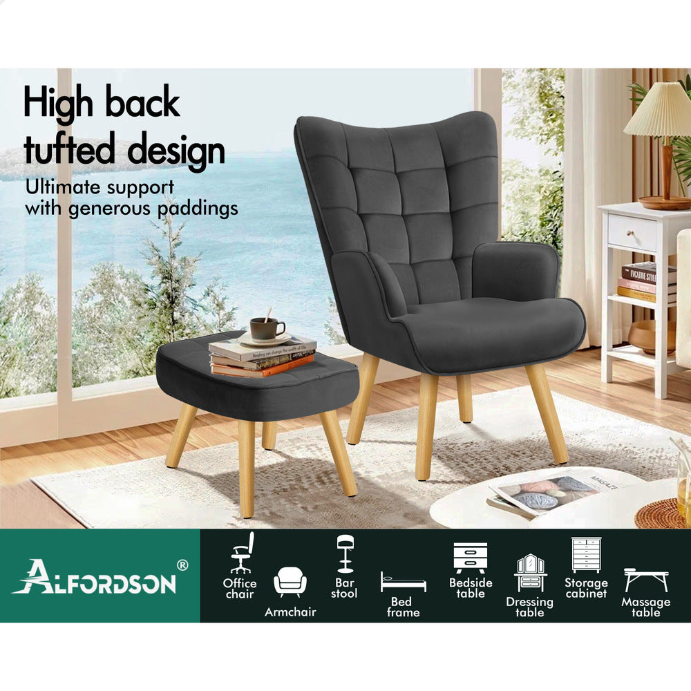 ALFORDSON Wooden Armchair Velvet Accent Lounge Chair Ottoman Sofa Footstool