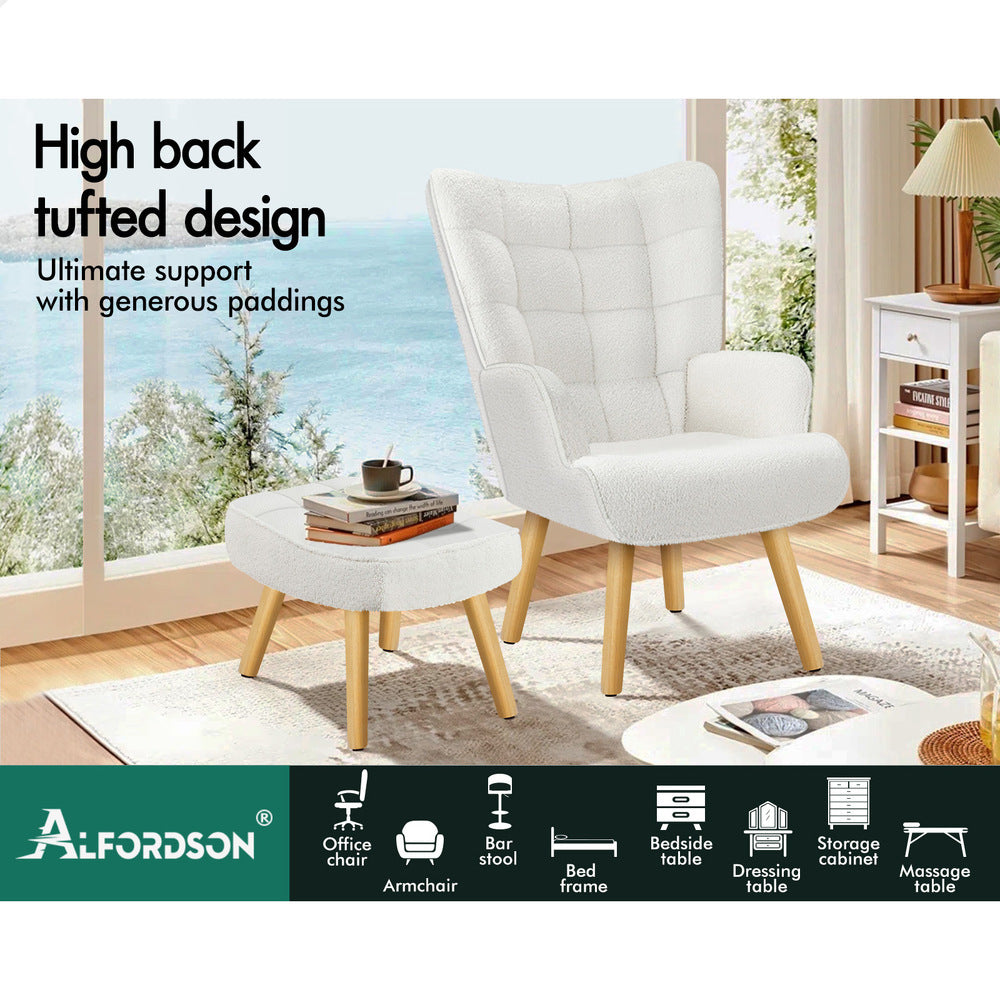 ALFORDSON Wooden Armchair Accent Chair Lounge Sofa Ottoman Couch Boucle White
