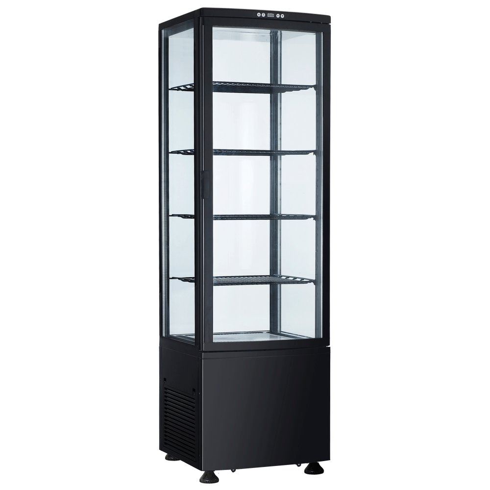 Exquisite CTD280 Four Sided Glass Upright Display Commercial Refrigerators Black with LED 280 Litre