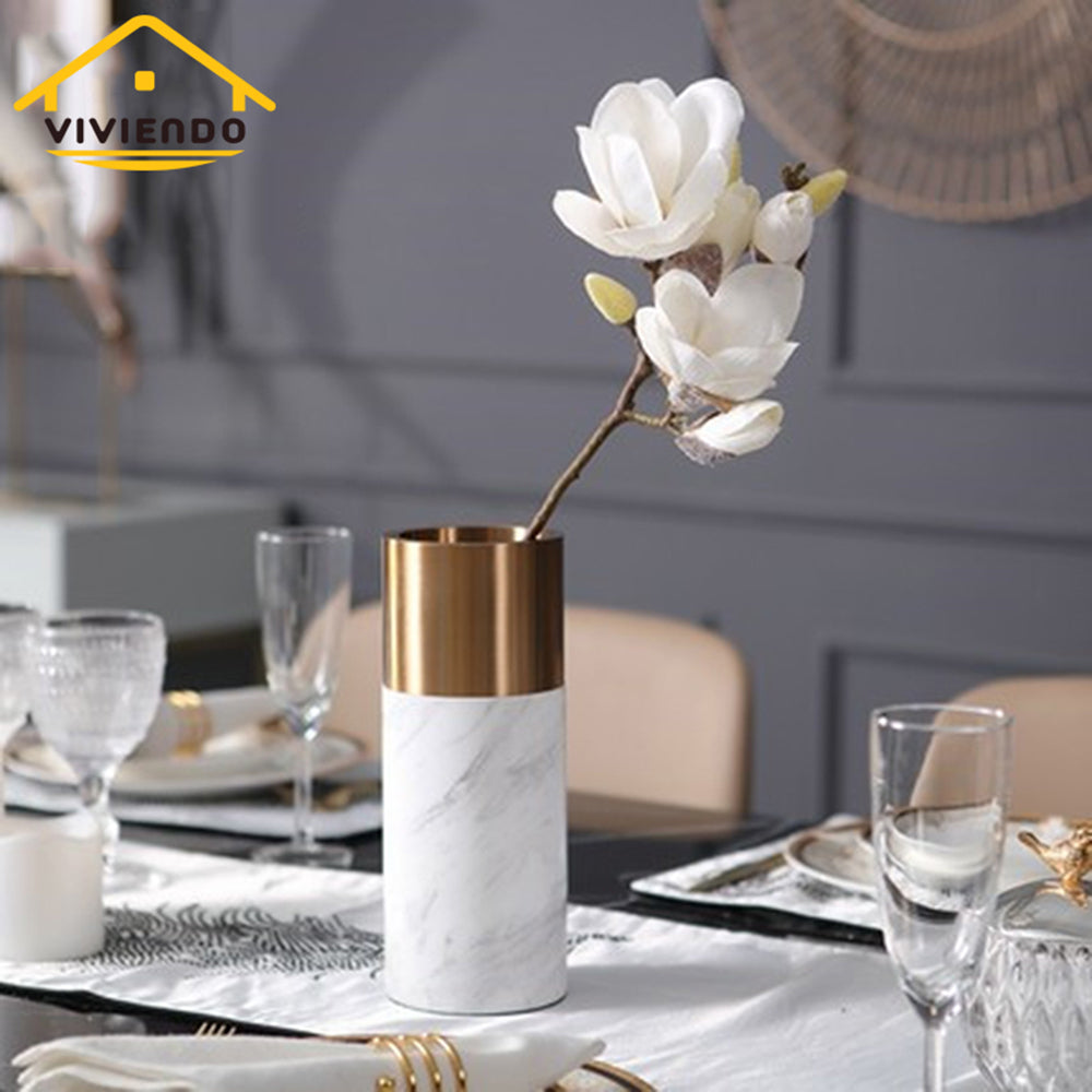 Viviendo Decorative Gold Peak Flower Vase in Aluminium &amp; Marble Stone - Large