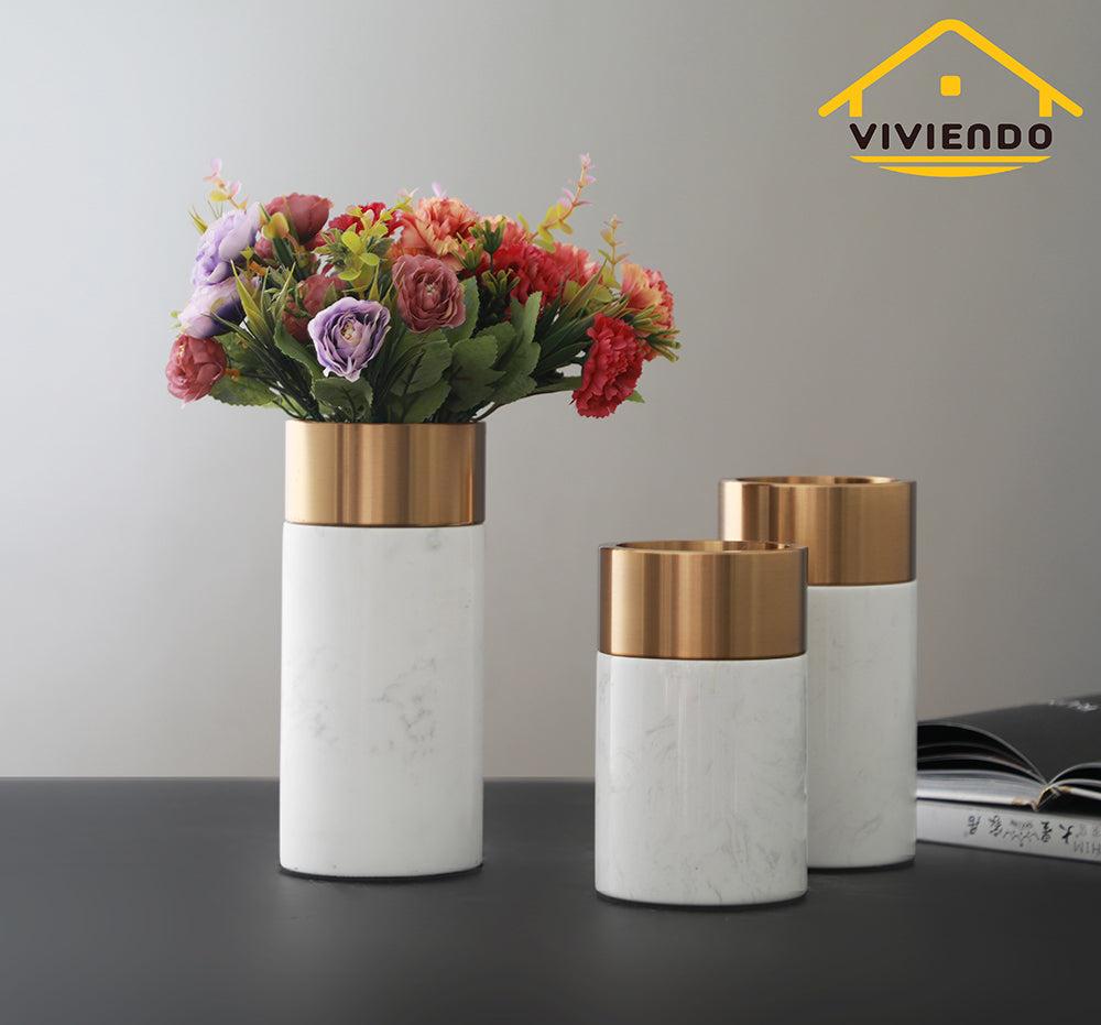 Viviendo Decorative Gold Peak Flower Vase in Aluminium &amp; Marble Stone - Large