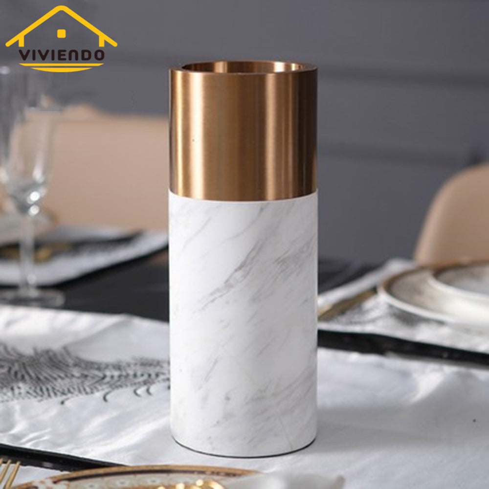 Viviendo Decorative Gold Peak Flower Vase in Aluminium &amp; Marble Stone - Medium