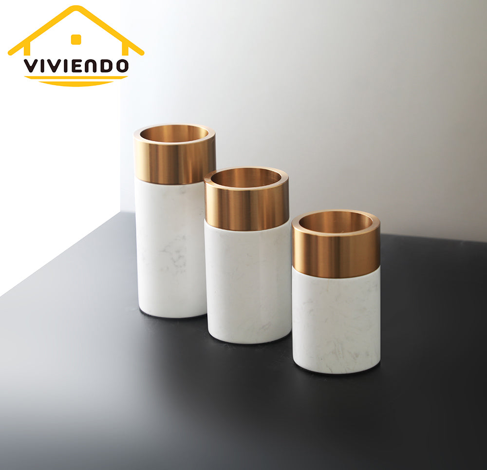 Viviendo Decorative Gold Peak Flower Vase in Aluminium &amp; Marble Stone - Medium