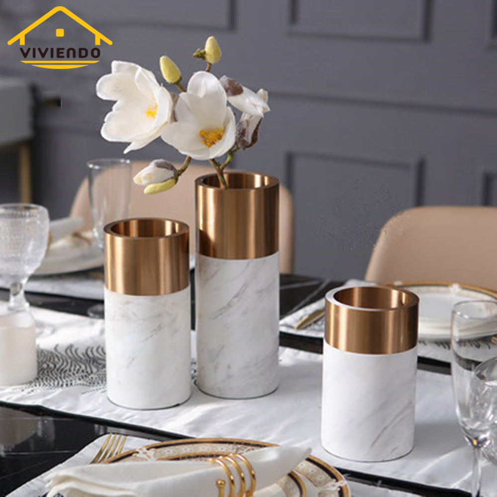 Viviendo Decorative Gold Peak Flower Vase in Aluminium &amp; Marble Stone - Small