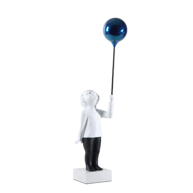 Viviendo Child With Balloon Statue Ornament in Marble Stone, Resin &amp; Stainless Steel - Blue &amp; White