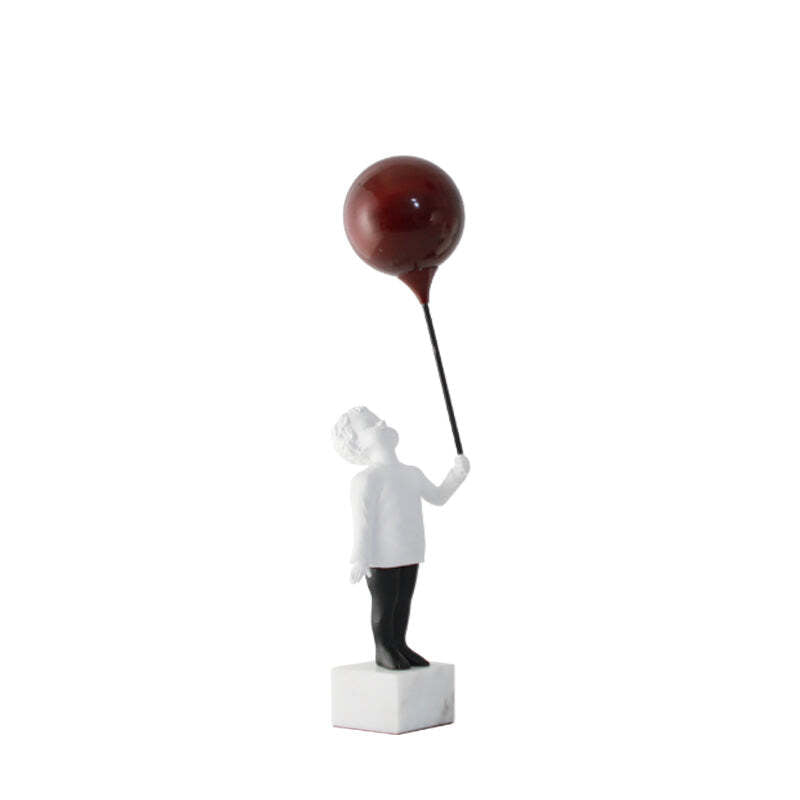 Viviendo Child With Balloon Statue Ornament in Marble Stone, Resin &amp; Stainless Steel - Red &amp; White