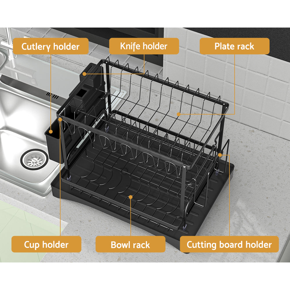 Cefito Dish Rack 2 Tiers Expandable Drainer Black