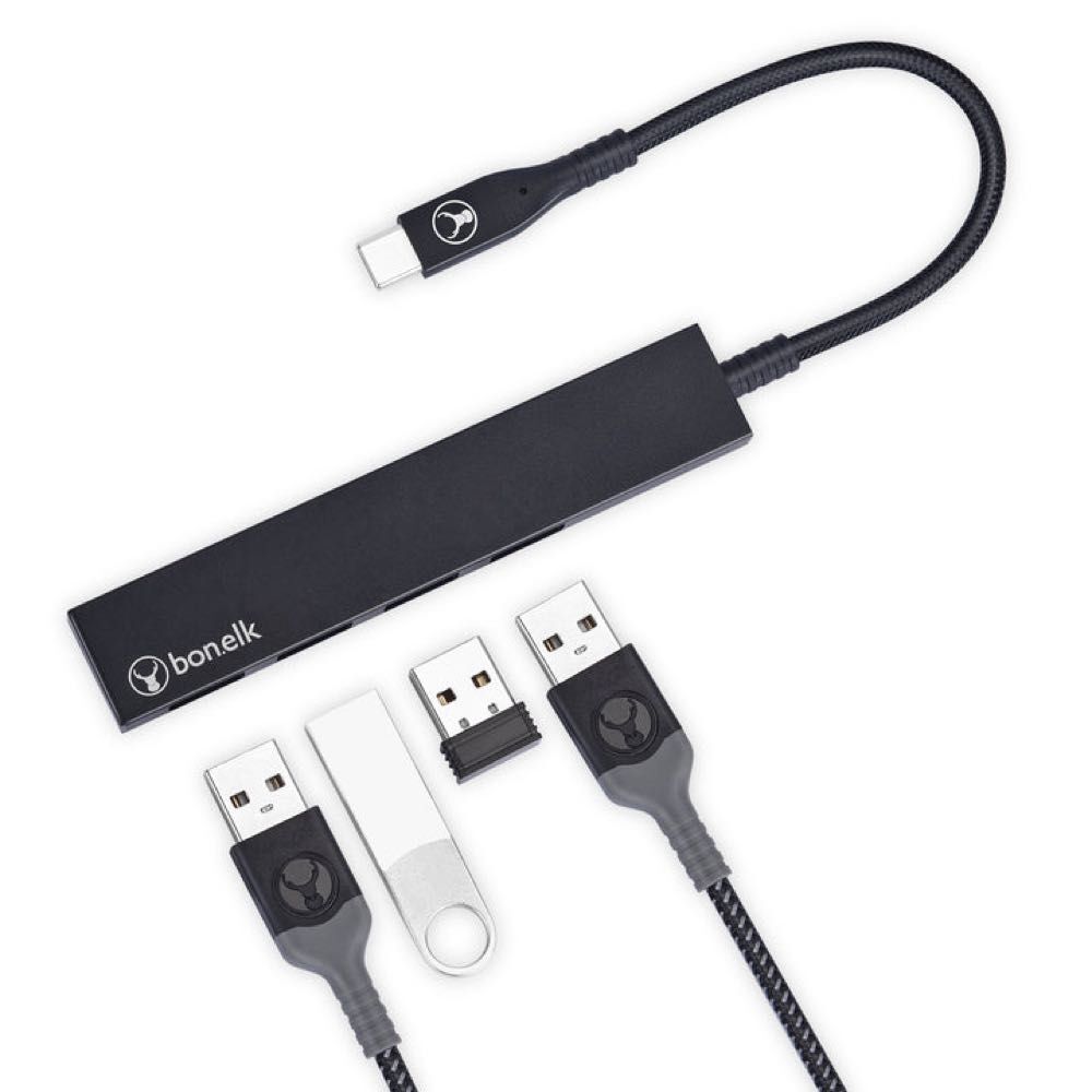 Bonelk Long-Life USB-C to 4-Port USB 3.0 Slim Hub For Laptop/PC - Black